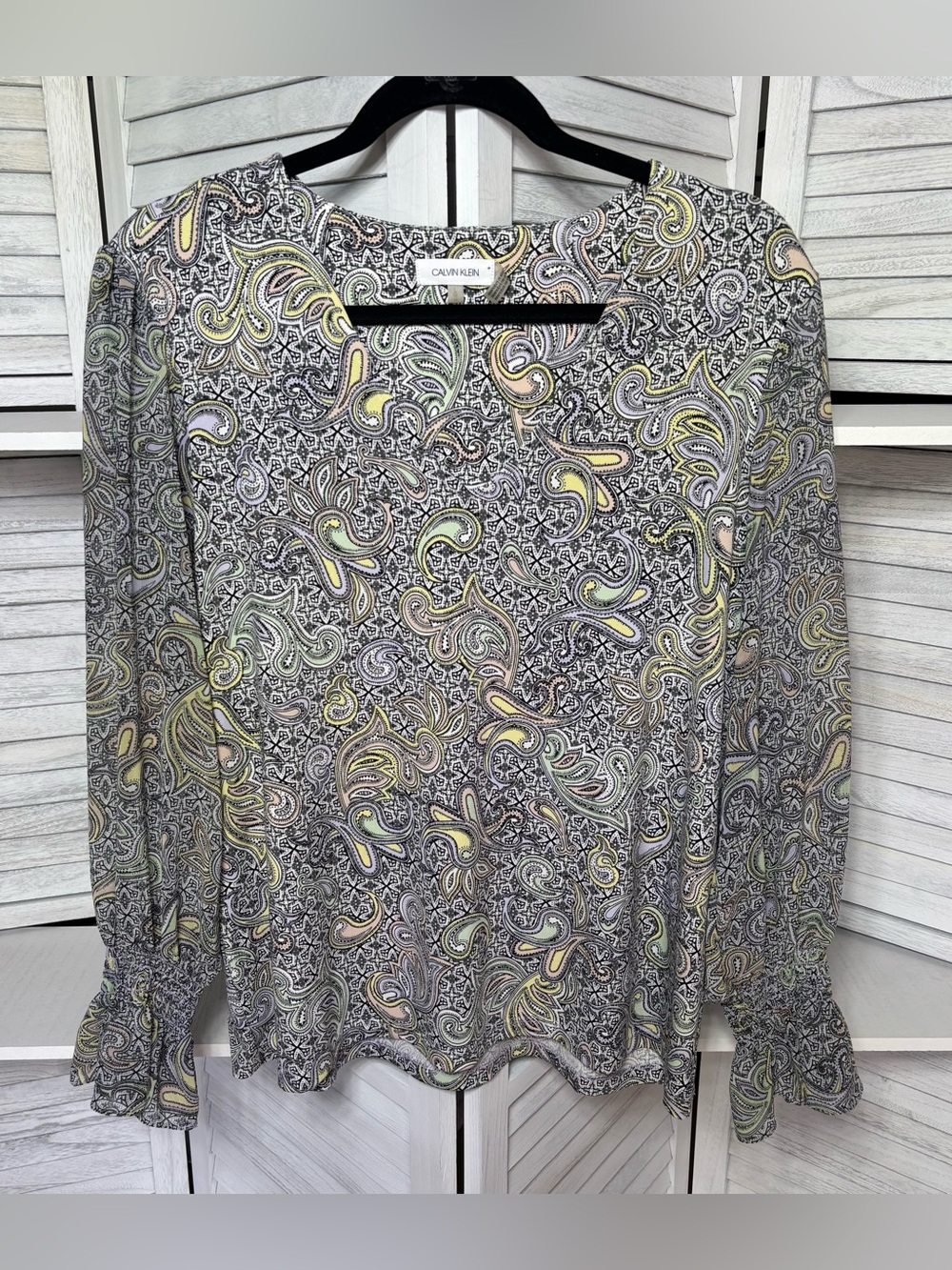 Calvin Klein Large Paisley Print Long Sleeve Smocked Cuff Blouse